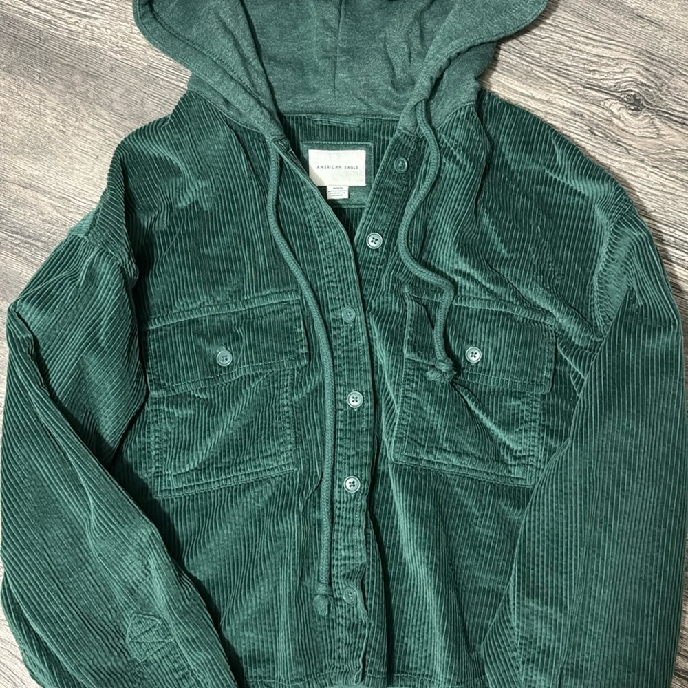 American Eagle | Cropped Corduroy Hoodie | Green - Medium